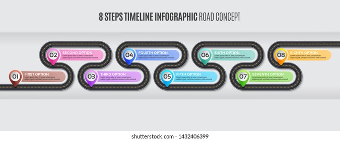 Navigation map infographic 8 steps timeline concept. Vector illustration winding road. Color swatches control