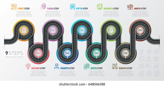 Navigation map infographic 9 steps timeline concept. Winding road. Vector illustration.