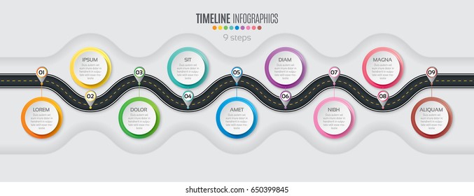 Navigation map infographic 9 steps timeline concept. Winding road. Vector illustration.