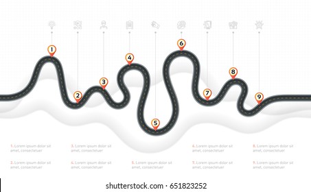 Navigation Map Infographic 9 Steps Timeline Concept. Winding Road. Vector Illustration.