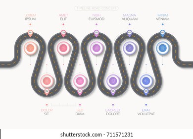 Navigation map infographic 9 steps timeline concept. Winding road. Vector illustration.