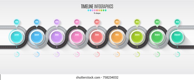 Navigation map infographic 9 steps timeline concept. Winding road. Color swatches control