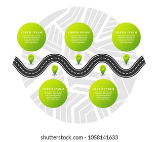 Navigation map infographic concept. Winding road. Vector illustration. Road infographic with colorful pin pointer vector illustration.