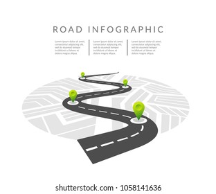 Navigation map infographic concept. Winding road. Vector illustration. Road infographic with colorful pin pointer vector illustration.