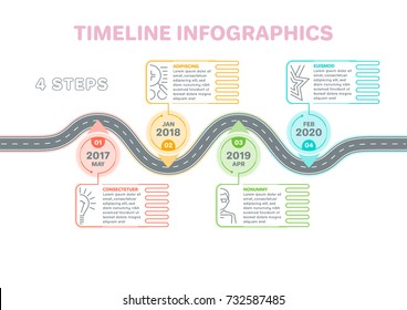 Navigation map infographics 4 steps timeline concept. Creative flat style winding road. Vector illustration.