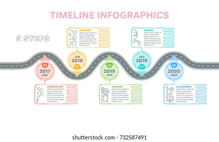 Navigation map infographics 5 steps timeline concept. Creative flat style winding road. Vector illustration.