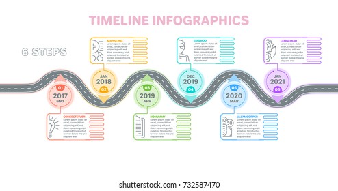 Navigation map infographics 6 steps timeline concept. Creative flat style winding road. Vector illustration.