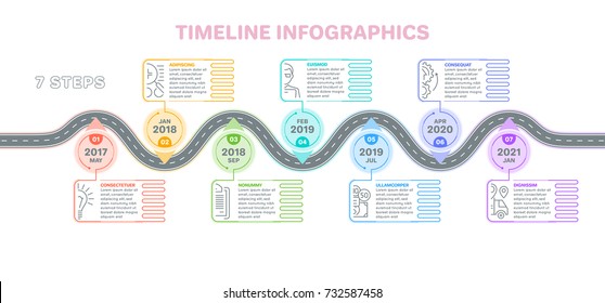 Navigation map infographics 7 steps timeline concept. Creative flat style winding road. Vector illustration.