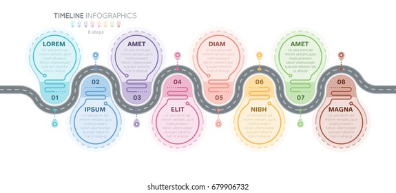 Navigation map infographics 8 steps timeline concept. Creative flat style winding road. Vector illustration.