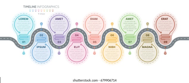 Navigation map infographics 9 steps timeline concept. Creative flat style winding road. Vector illustration.