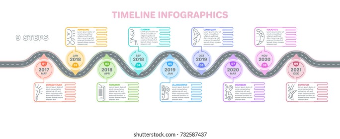 Navigation map infographics 9 steps timeline concept. Creative flat style winding road. Vector illustration.