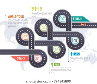 Navigation map infographics layout with  winding road parts start and finish location and phased structure flat vector illustration  
