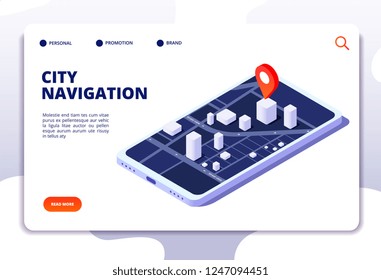 Navigation map isometric concept. Gps location system. Phone tracker with global positioning. Vector landing page