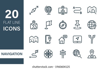 Navigation and Map line icons. Navigation, Road Location, Destination line icons. Map, Pointer, Pin, GPS, Compass, Geo Location, Traffic and Tourism linear icons. Editable stroke. Vector illustration.