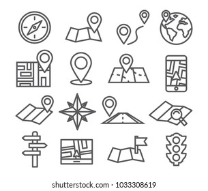 Navigation and Map line icons with White Background