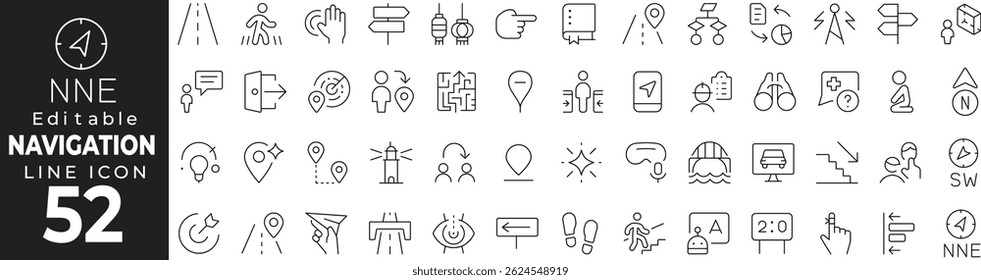 Navigation Map Location icon set with editable stroke. Navigation and map thin line icon collection. Vector illustration