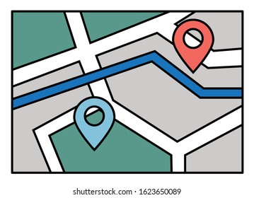 Navigation map for mobile phone application or computer app. Starting point and destination of route. System of finding easy and fast ways in new city. Touristic navigator, vector in flat style