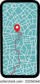Navigation map on the phone. Destination point. map of the area, city. Path. Delivery, direction. Get directions
