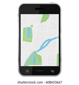 Navigation map on smartphone screen. Vector 3d illustration isolated on white background
