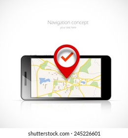 Navigation map in phone and red pin pointer