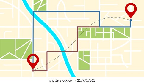 Navigation map, pin, location icon. The location of the pointer on the city map. GPS navigation system. Geolocation, along the designated route. Vector image.
