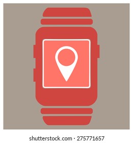 Navigation map pin point icon on smart watch. vector illustration