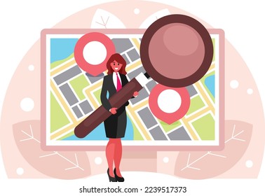 Navigation map with pins on computer display. Building a route. GPS navigator with pinpoints. City map with point markers. A businesswoman holds a huge magnifying glass in his hands. Search concept