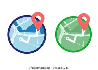 Navigation map. Red vector locator mark on map and location pin or GPS navigation icon sign. Country silhouette and red locator marks. Zoomed blue and green street map and red gps mark