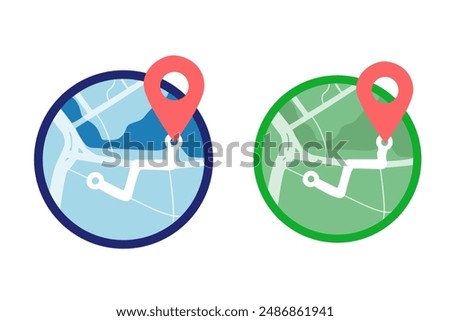 Navigation map. Red vector locator mark on map and location pin or GPS navigation icon sign. Country silhouette and red locator marks. Zoomed blue and green street map and red gps mark