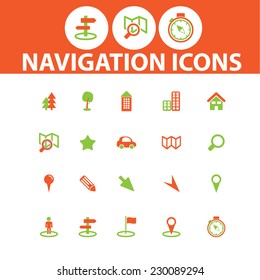 navigation, map, route icons, signs, illustrations set, vector