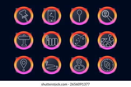 Navigation and map set icon. Displays pin, signpost, folded map, magnifier, compass, pointer, phone route, dotted path, direction board, and location-based visuals.