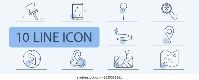 Navigation and map set icon. Minimal line-style images of pin, phone, magnifier, compass, route, location, map, destination, marker with soft blue circles in background