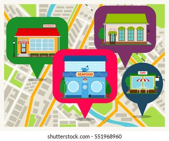 Navigation map with shops pins mobile app. Sea food restaurant, cafe and supermarket store fronts vector illustration.