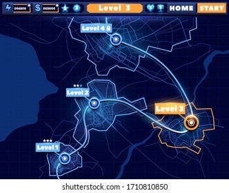 Navigation map for space game. Vector cities and map levels with UI.