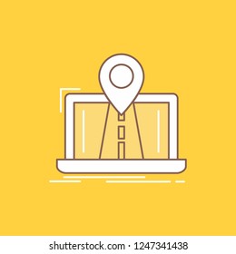 Navigation, Map, System, GPS, Route Flat Line Filled Icon. Beautiful Logo button over yellow background for UI and UX, website or mobile application