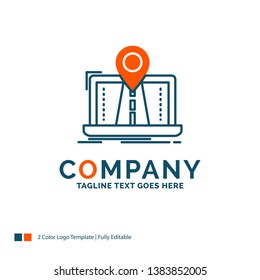 Navigation, Map, System, GPS, Route Logo Design. Blue and Orange Brand Name Design. Place for Tagline. Business Logo template.