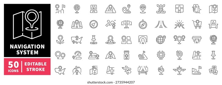 Navigation and maps editable line icons set. direction and guide symbols