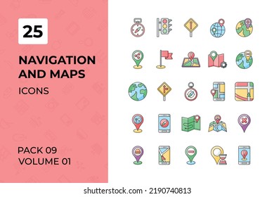 Navigation and Maps icons collection. Set contains such Icons as location, map, mobile, navigation, pin, placeholder, and more 