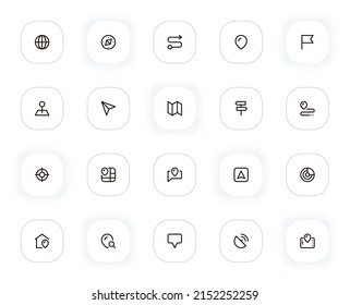 Navigation and maps line icons set. Globe, compass, route, location, target and other buttons. Vector outline pictograms for web and ui, ux mobile app design. Editable Stroke. 24x24 Pixel Perfect.