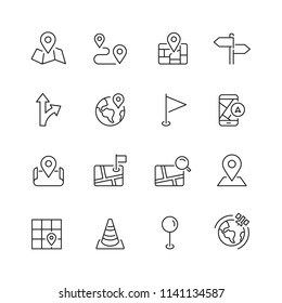 Navigation and maps related icons: thin vector icon set, black and white kit