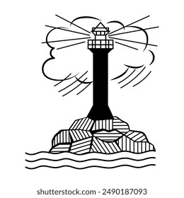 Gestaltung der maritimen Vektorgrafik. Leuchtturm und stürmisches Meer, isoliert auf weiß, Vektorillustration