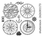 Navigation maritime vector design. Nautical design. Navy illustration. Sailboat, anchor, steering wheel, vintage marine compass and Armillary Sphere, isolated on white, vector illustration