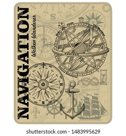 Navigation maritime vector design. Nautical design. Navy illustration. Ocean wallpaper. Sailboat, anchor, steering wheel, marine rope knot, vintage marine compass and Armillary Sphere, vector illustra