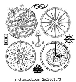 Navigation maritime vector design. Nautical design. Navy illustration. Sailboat, anchor, steering wheel, vintage marine compass and Armillary Sphere, isolated on white, vector illustration