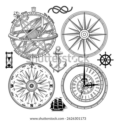 Navigation maritime vector design. Nautical design. Navy illustration. Sailboat, anchor, steering wheel, vintage marine compass and Armillary Sphere, isolated on white, vector illustration