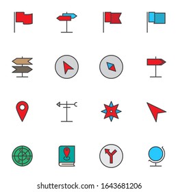 Navigation Marker filled outline icons set, Map Pointer line vector symbol collection, linear colorful pictogram pack. Signs, logo illustration, Set includes icons as location pin, guide book, globe