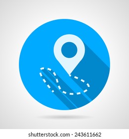 Navigation marker flat vector icon. Blue round vector icon with white silhouette navigation pointer with course on gray background. Flat design with shadow.
