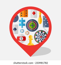 Navigation marker with game icons in flat design style.