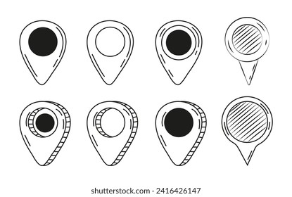 Marcadores de navegación, punteros, etiqueta en estilo dibujado a mano. Anclaje de doodle, símbolo gps, colección de signos de ubicación. Banderas diferentes en estilo de arte en línea.