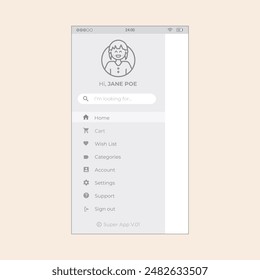 Navigation menu screen with avatar illustration and search bar. Vector mobile wireframe editable design for mobile, with sample data and real user interface graphic details ready for ux ui projects.